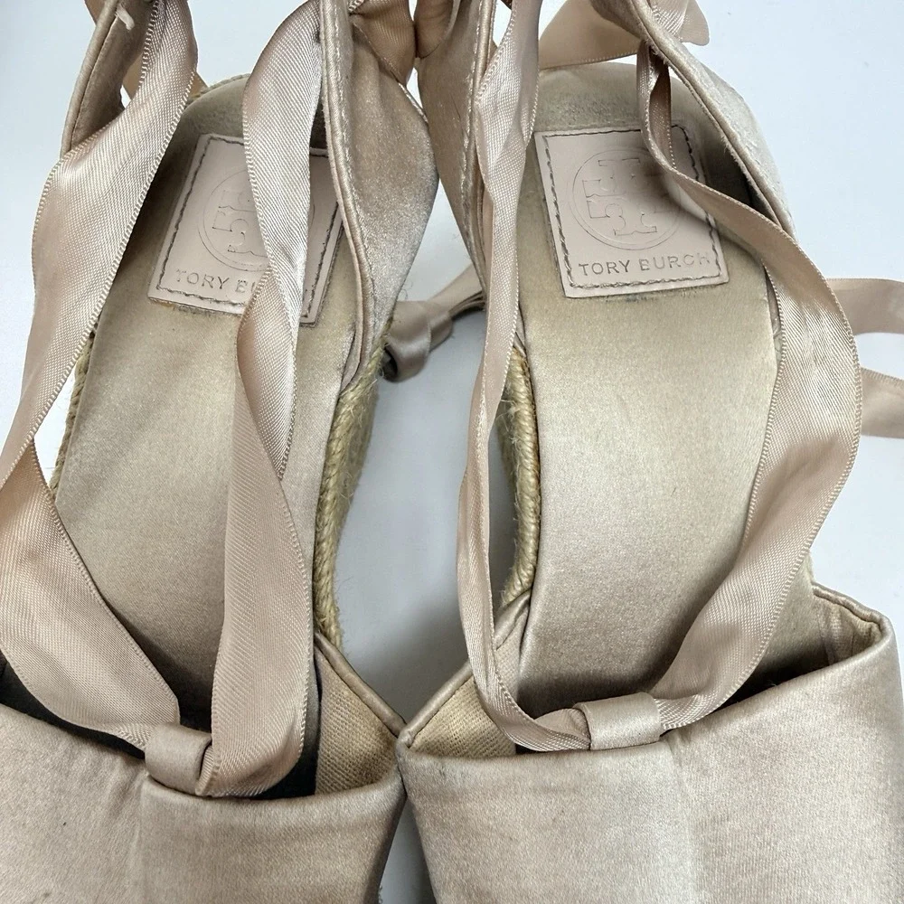 Tory Burch Elisa Wedge Satin Espadrille Soy Latte Size 8.5 Sandals Ankle Ribbon
